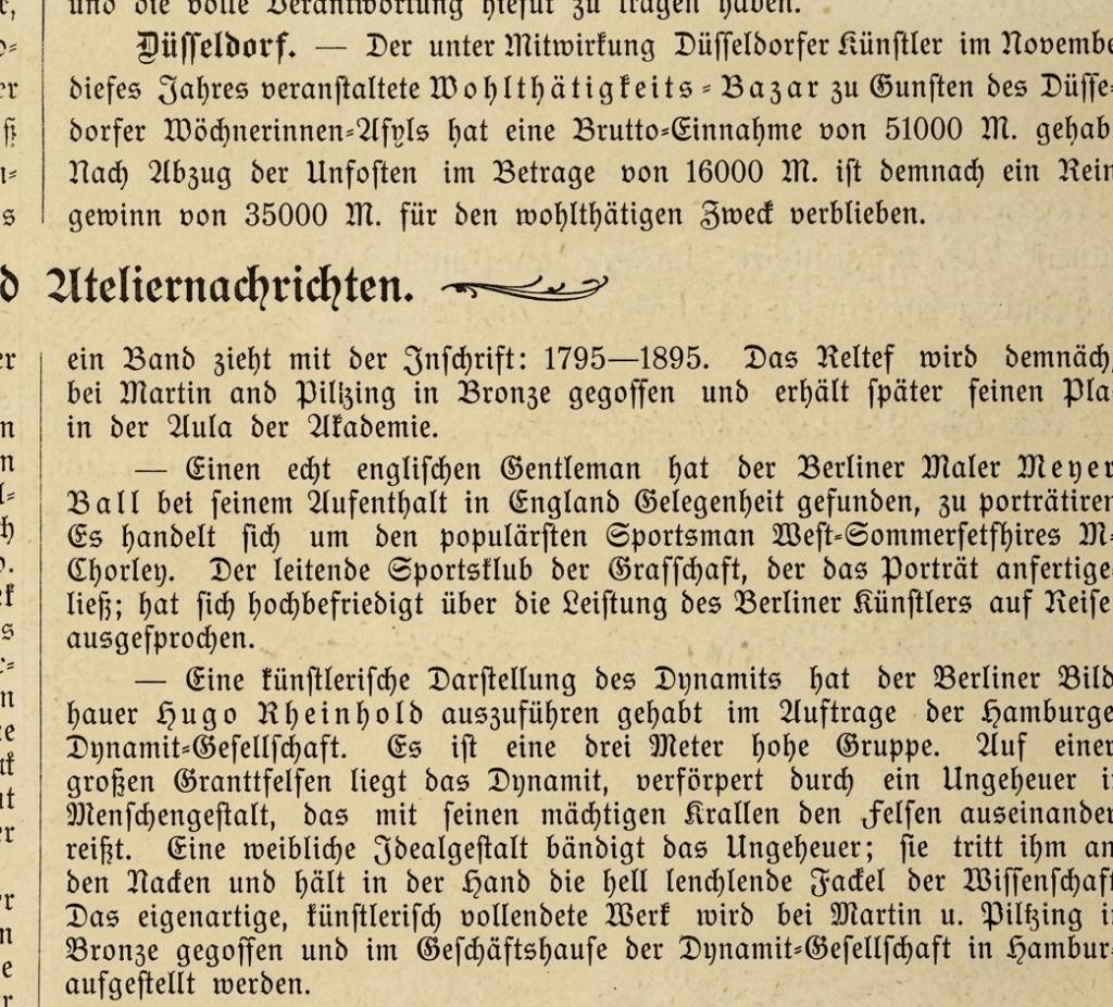 German-language extract from Deutsche Kunst, 1896/97, describing Rheinhold's dynamite monument