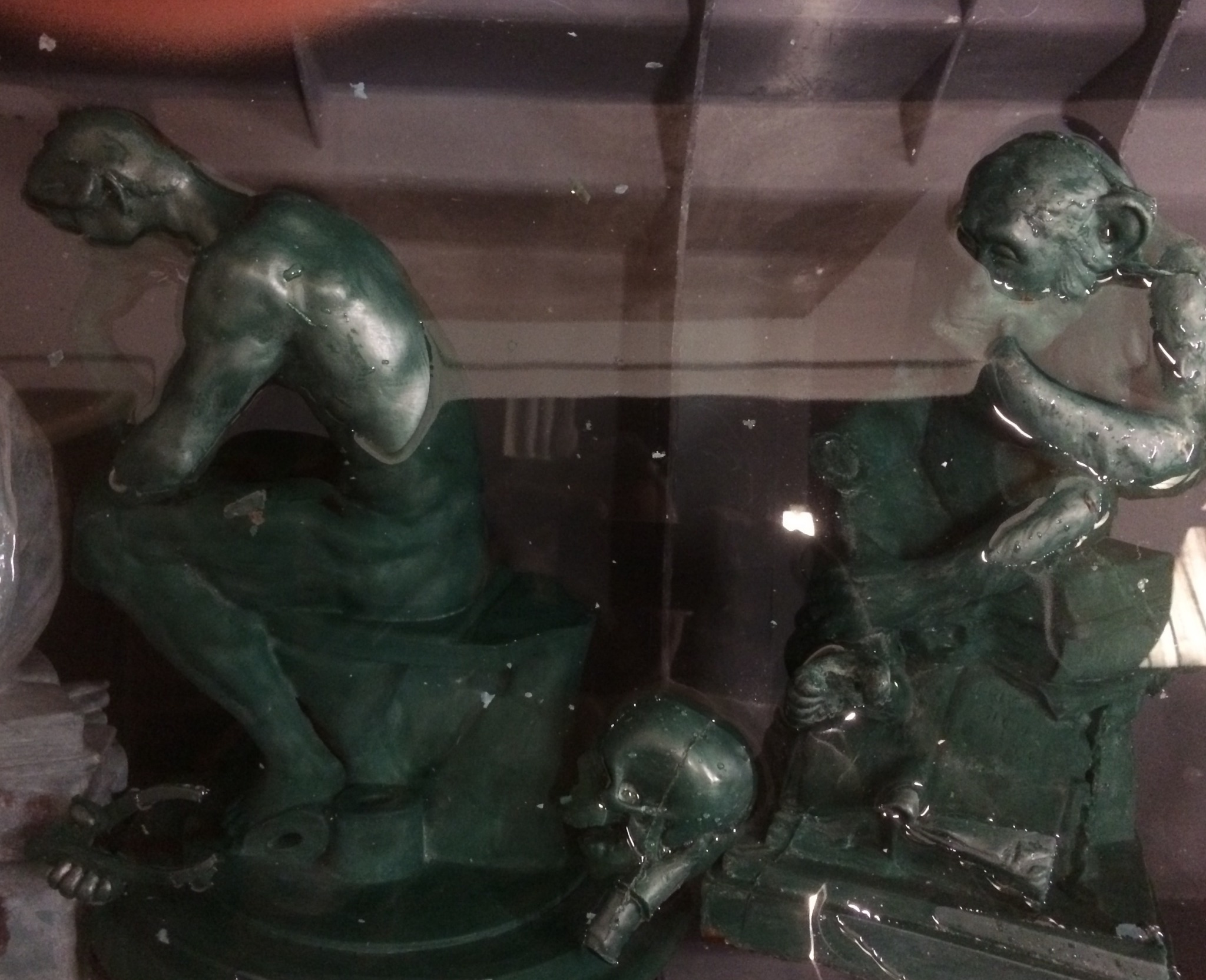 Two green wax sections of Affe mit Schädel immersed in clear liquid